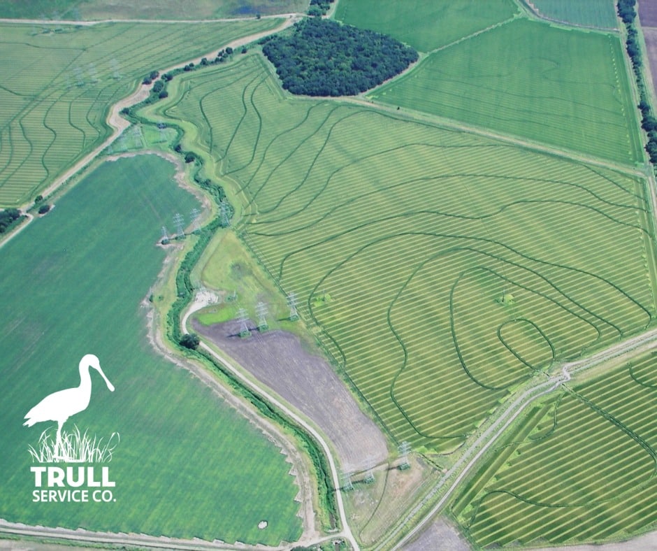 An arial picture of a farm with mineral rights that is maintained by Trull Service Company.